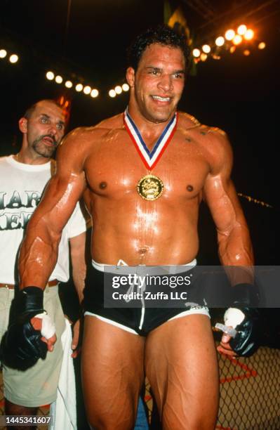 Mark Kerr reacts after winning the heavyweight tournament during the UFC 14 event inside Boutwell Auditorium on July 27, 1997 in Birmingham, Alabama.