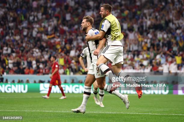 Niclas Fuellkrug of Germany celebrates after scoring their team's first goal during the FIFA World Cup Qatar 2022 Group E match between Spain and...