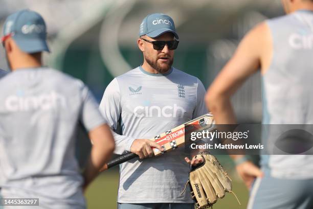 Brendon McCullum, Head Coach of England pictured during a Nets Session ahead of the First Test match at Rawalpindi Cricket Stadium on November 29,...