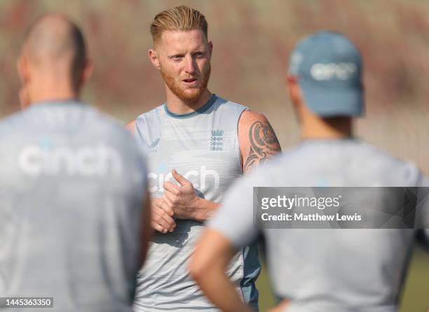 Ben Stokes of England talks to his team during a Nets Session ahead of the First Test match at Rawalpindi Cricket Stadium on November 29, 2022 in...