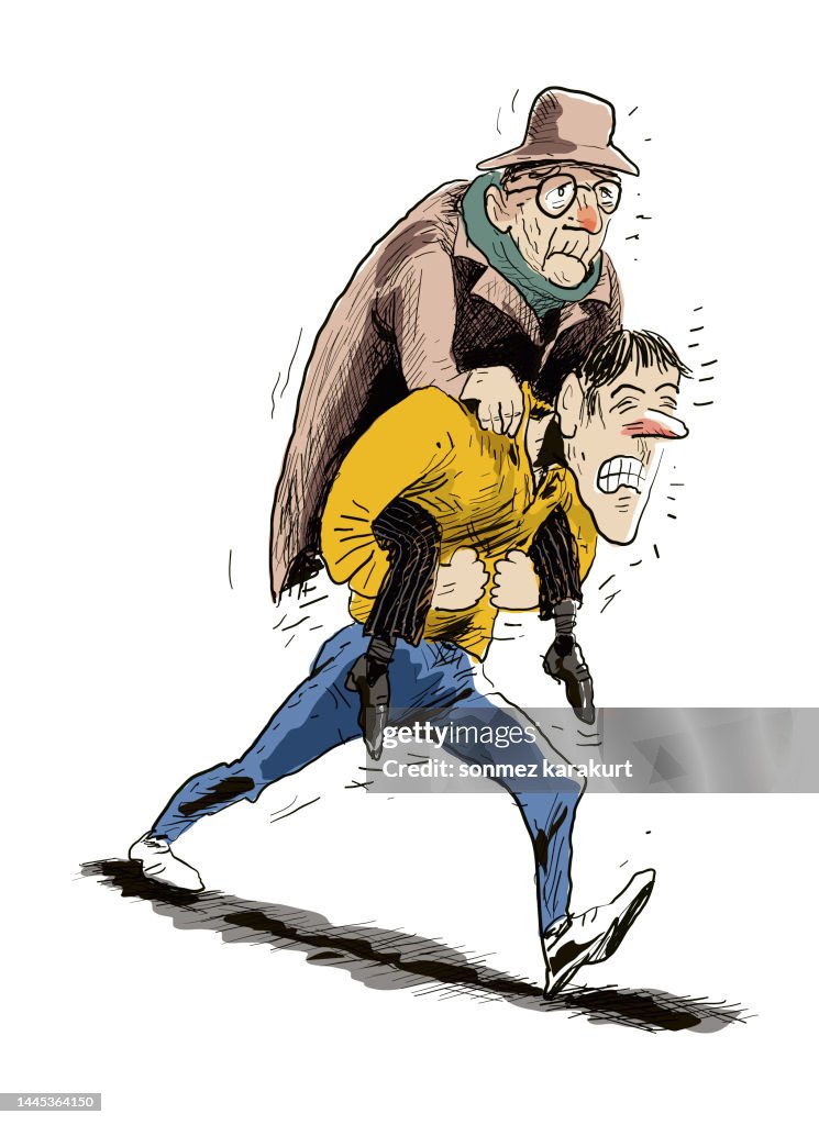 Young boy carrying the old man on his back