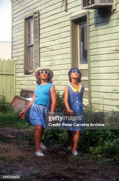 American actors Cassie Barasch and Ellie Raab shooting a scene while on location filming the movie 'Little Sweetheart' in 1987 on St. George Island...