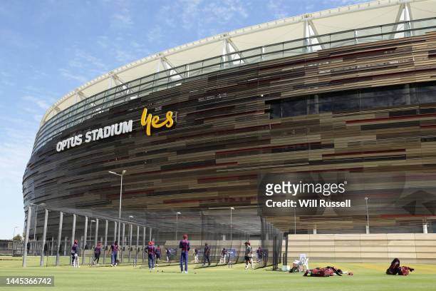 West Indies players have a net session ahead of the first cricket Test match between Australia and the West Indies at Optus Stadium on November 29,...