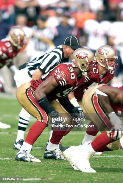 Julian Peterson of the San Francisco 49ers in action against the Chicago Bears during an NFL football game on September 7, 2003 at Candlestick Park...