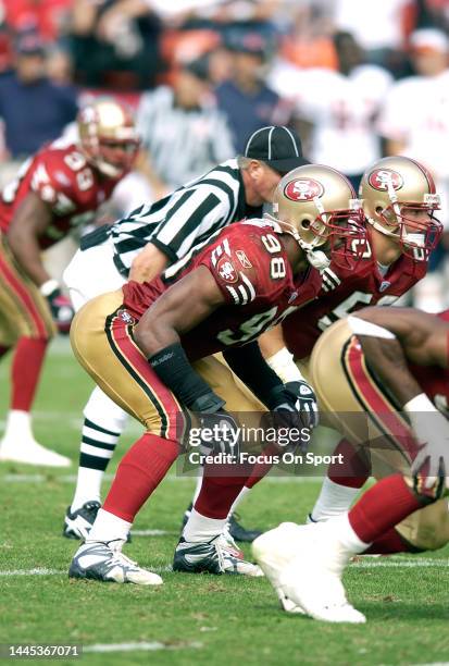 Julian Peterson of the San Francisco 49ers in action against the Chicago Bears during an NFL football game on September 7, 2003 at Candlestick Park...