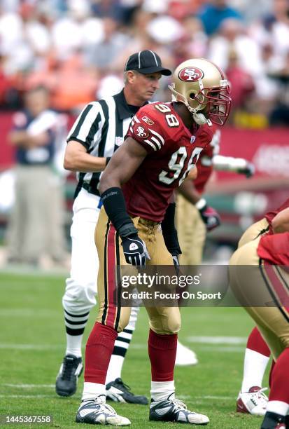 Julian Peterson of the San Francisco 49ers in action against the Chicago Bears during an NFL football game on September 7, 2003 at Candlestick Park...