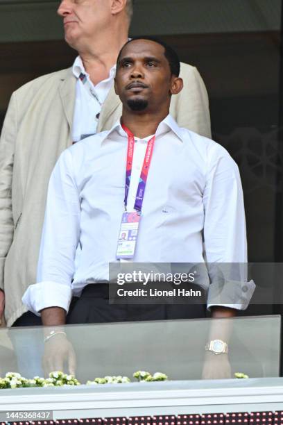 Samuel Eto'o attends the FIFA World Cup Qatar 2022 Group G match between Cameroon v Serbia at Al Janoub Stadium on November 28, 2022 in Al Wakrah,...