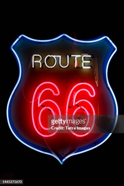 close-up of route 66 neon sign - albuquerque stock pictures, royalty-free photos & images