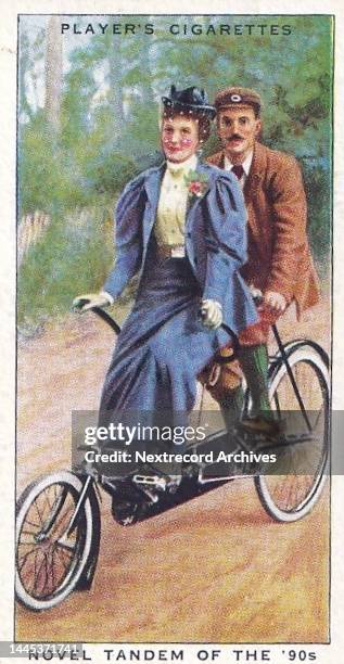 Collectible tobacco or cigarette card, 'Cycling' series, published in 1939 by John Player and Sons Cigarettes, depicting the 100 year history of the...