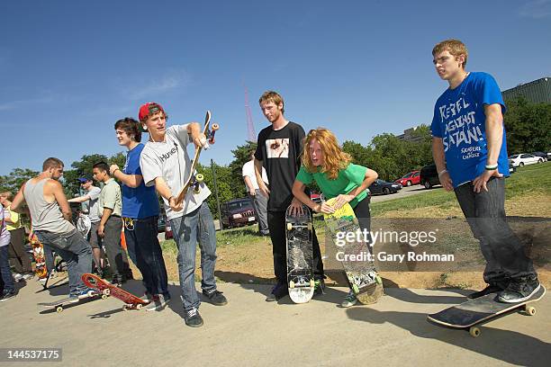 Skaters attend the Penn Valley Skatepark ribbon cutting ceremony hosted by Rob Dyrdek Foundation and Street League Skateboarding at Penn Valley...