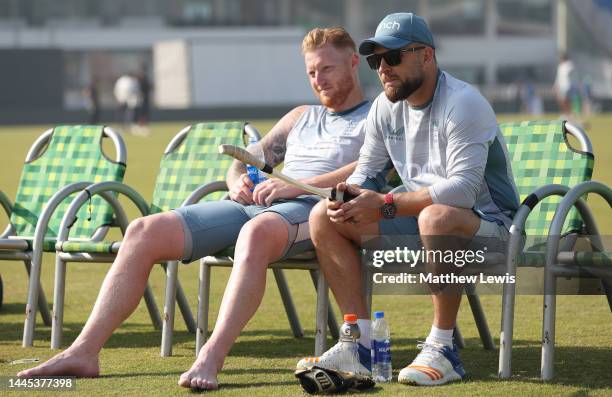 Ben Stokes of England and Brendon McCullum, Head Coach of England pictured during a Nets Session ahead of the First Test match at Rawalpindi Cricket...