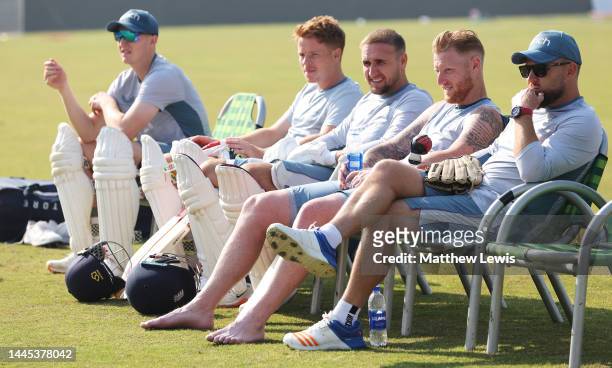 Harry Brook, Ollie Pope, Liam Livingston, Ben Stokes of England and Brendon McCullum, Head Coach of England pictured during a Nets Session ahead of...