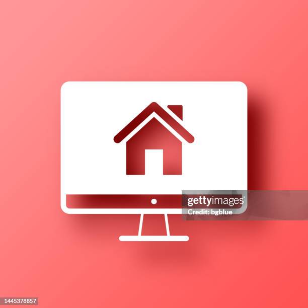 desktop computer with smart home. icon on red background with shadow - using desktop computer at home stock illustrations