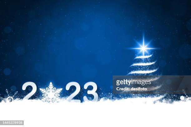 horizontal  xmas backgrounds of one 3 d magical christmas tree with  curved helix wavy lines over the vibrant dark royal blue frame with white colored contrasting snowy base and snowflakes and happy new year text 2023 with a big snowflake - wall paper 3d stock illustrations