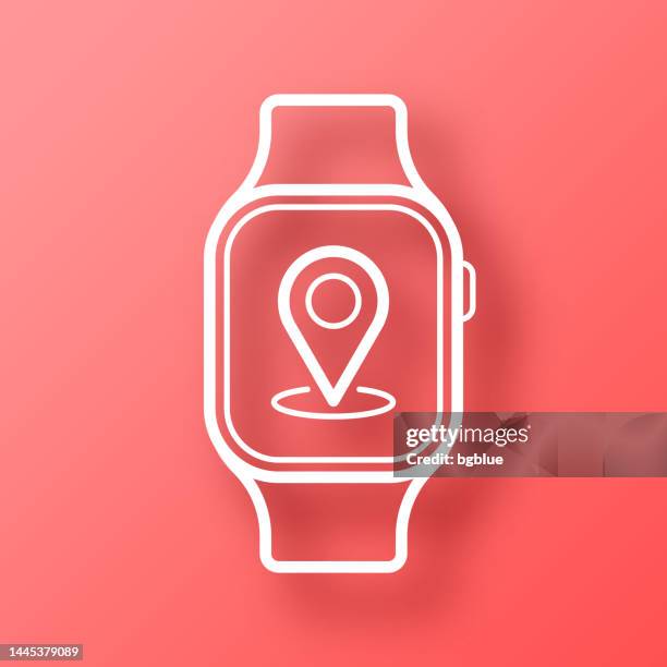 smartwatch with location pin. icon on red background with shadow - red push pins stock illustrations