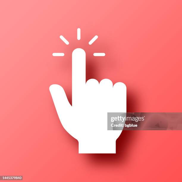 click with hand cursor. icon on red background with shadow - mouse coloured background stock illustrations