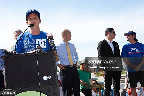 Rob Dyrdek speaks at the Penn Valley Skatepark ribbon cutting ceremony hosted by Rob Dyrdek Foundation and Street League Skateboarding at Penn Valley...