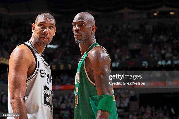 Closeup of San Antonio Spurs Tim Duncan and Boston Celtics Kevin Garnett during game at AT&T Center. San Antonio, TX 3/17/2008 CREDIT: Greg Nelson