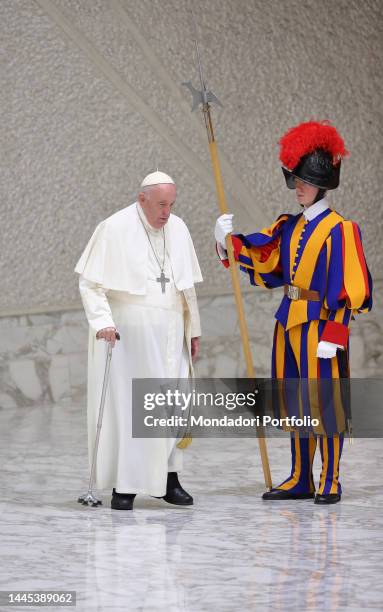 Pope Francis arrives at the meeting of students, teachers and school leaders of the National Network of Schools of Peace in Paul VI Audience Hall....