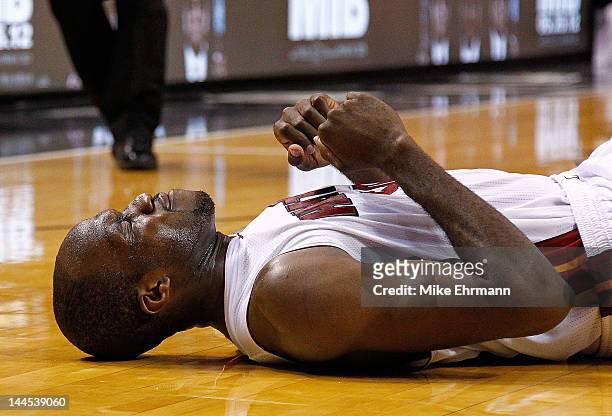 Joel Anthony of the Miami Heat lies on the ground after being fouled during Game Two of the Eastern Conference Semifinals in the 2012 NBA Playoffs...