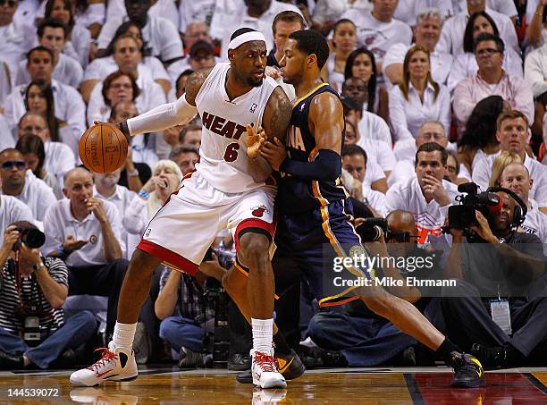 LeBron James of the Miami Heat posts up Danny Granger of the Indiana Pacers during Game Two of the Eastern Conference Semifinals in the 2012 NBA...