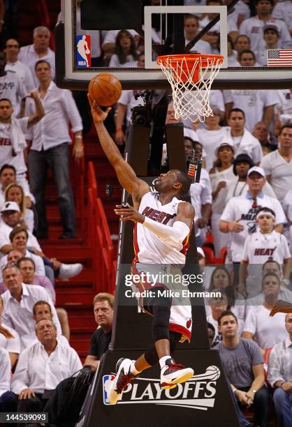 Dwyane Wade of the Miami Heat drives to the basket during Game Two of the Eastern Conference Semifinals in the 2012 NBA Playoffs against the Indiana...