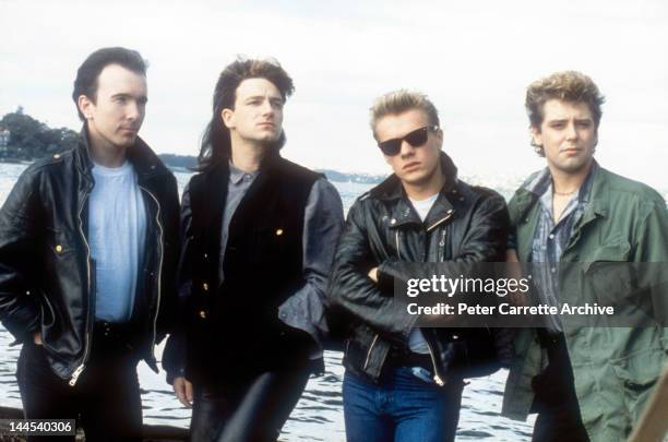 The Edge, Bono, Larry Mullen Jr and Adam Clayton from the band 'U2' during their 'Unforgettable Fire' world concert tour in September, 1984 in...