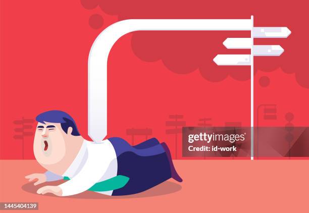 businessman being hit by falling signpost - next step arrow stock illustrations