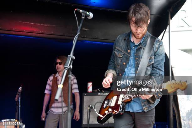 Paul Ross and Tyson McShane of Slow Down, Molasses perform on stage at the Dr Martins street gig airstream trailor during The Great Escape Festival...