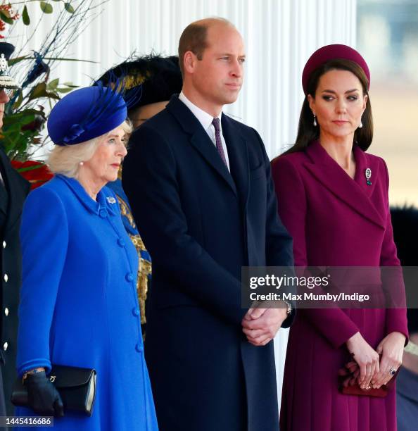 Camilla, Queen Consort, Prince William, Prince of Wales and Catherine, Princess of Wales attend the Ceremonial Welcome at Horse Guards Parade for...