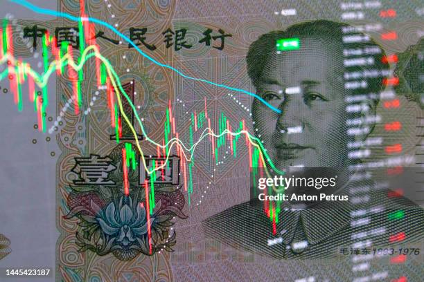 yuan banknote on the background of stock charts.  economy of china - coronavirus punishment stock pictures, royalty-free photos & images