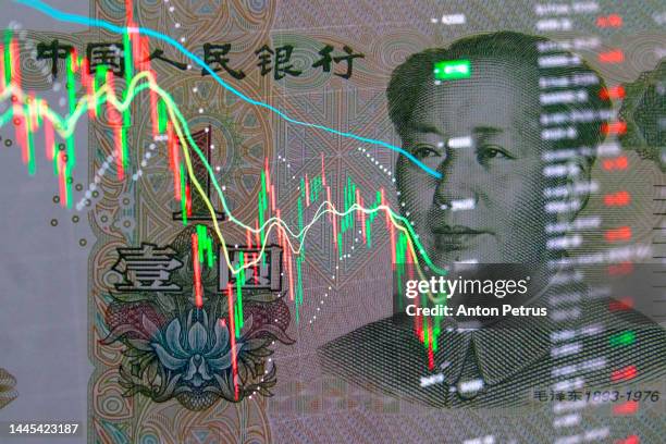 yuan banknote on the background of stock charts.  economy of china - punishment stocks 個照片及圖片檔