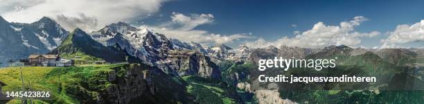 fascinating view of the jungfrau mountain range (bernese alps) and the lauterbrunnen valley as seen from the männlichen mountain peak - snow on grass imagens e fotografias de stock