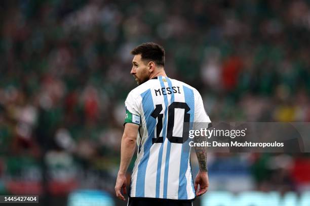 Captain, Lionel Messi of Argentina looks on during the FIFA World Cup Qatar 2022 Group C match between Argentina and Mexico at Lusail Stadium on...