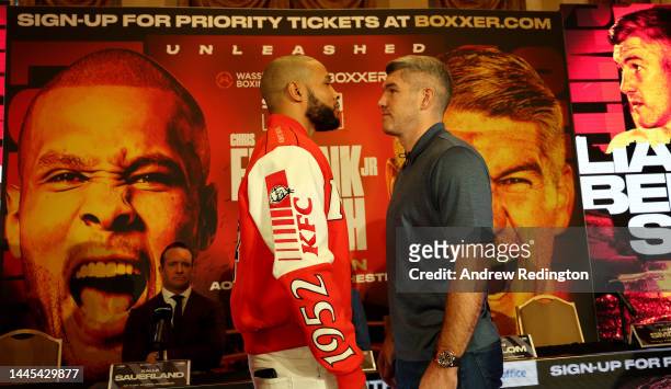 Chris Eubank Jr and Liam Smith go head-to-head during a Chris Eubank Jr v Liam Smith Press Conference at The Landmark Hotel on November 29, 2022 in...