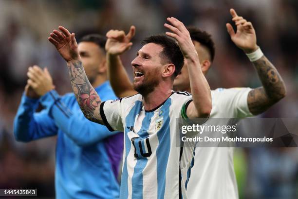 Lionel Messi of Argentina celebrates the final 2-0 result win after the FIFA World Cup Qatar 2022 Group C match between Argentina and Mexico at...