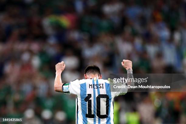 Lionel Messi of Argentina celebrates the final 2-0 result win after the FIFA World Cup Qatar 2022 Group C match between Argentina and Mexico at...