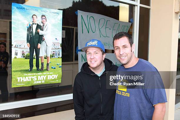 Actors Nick Swardson and Adam Sandler pose during a screening of "That's My Boy" with a Q&A session with the movie's cast at UC Santa Barbara on May...