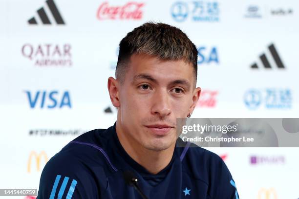 Lisandro Martinez of Argentina speaks during the Argentina Press Conference at the main Media Center on November 29, 2022 in Doha, Qatar.