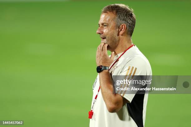 Hansi Flick, Head Coach of Germany, reacts during the Germany Training Session at Al Shamal Stadium on November 29, 2022 in Al Ruwais, Qatar.