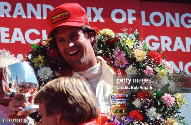 Actor Robert Hays on the Winners Podium with First-Place win at the Toyota Pro/Celebrity Race, March 14, 1981 in Long Beach, California.