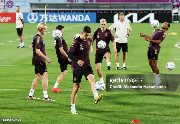 Kai Havertz of Germany trains with teammates during the Germany Training Session at Al Shamal Stadium on November 29, 2022 in Al Ruwais, Qatar.