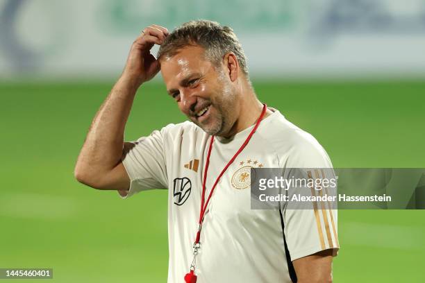 Hansi Flick, Head Coach of Germany, reacts during the Germany Training Session at Al Shamal Stadium on November 29, 2022 in Al Ruwais, Qatar.