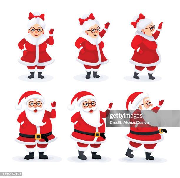 mrs. claus and santa claus. cartoon character.  christmas icons. - mrs claus stock illustrations