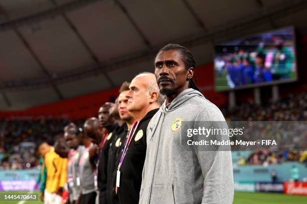Aliou Cisse, Head Coach of Senegal, looks on prior to the FIFA World Cup Qatar 2022 Group A match between Ecuador and Senegal at Khalifa...