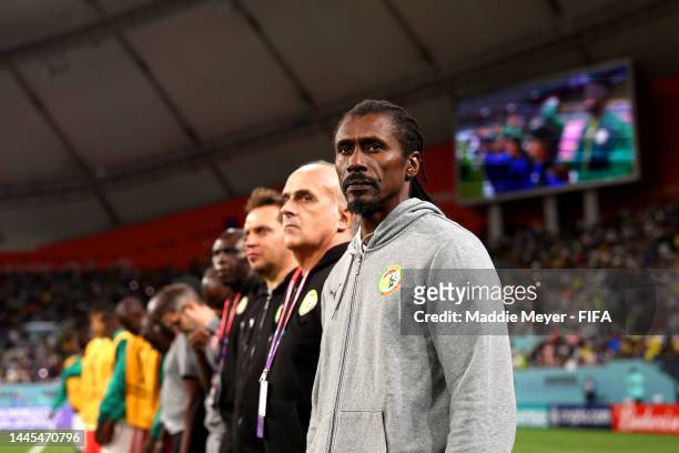 Aliou Cisse, Head Coach of Senegal, looks on prior to the FIFA World Cup Qatar 2022 Group A match between Ecuador and Senegal at Khalifa...