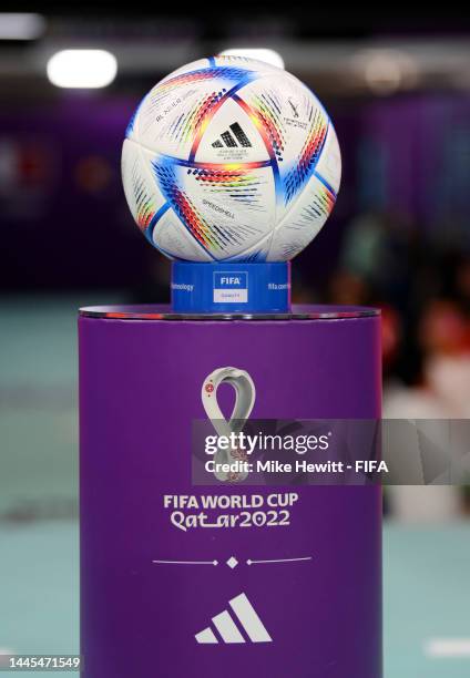 Detailed view of the adidas ‘Al Rihla’ official match ball prior to the FIFA World Cup Qatar 2022 Group A match between Ecuador and Senegal at...