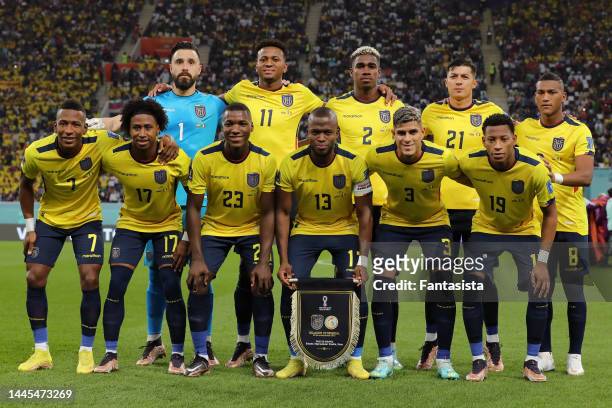 The Ecuador starting eleven line up for a team photo prior to kick off, back row ; Hernan Galindez, Michael Estrada, Felix Torres, Alan Franco and...
