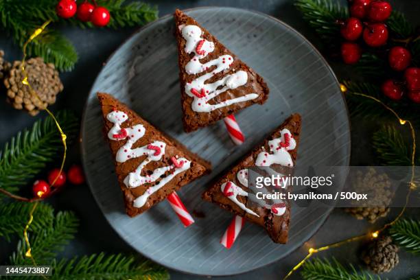 christmas tree dessert made from chocolate brownie on dark background holiday cooking concept,kazakhstan - christmas cake fotografías e imágenes de stock