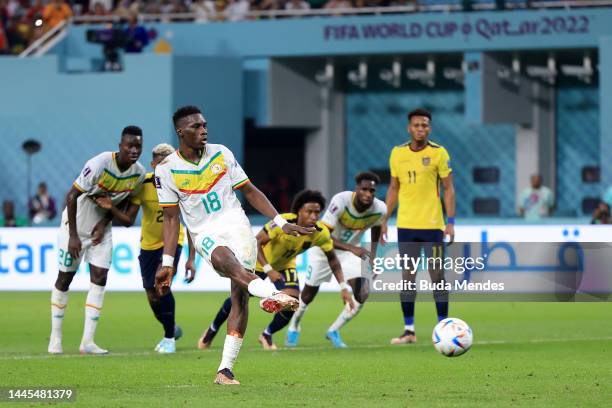 Ismaila Sarr of Senegal scores their team’s first goal off a penalty during the FIFA World Cup Qatar 2022 Group A match between Ecuador and Senegal...